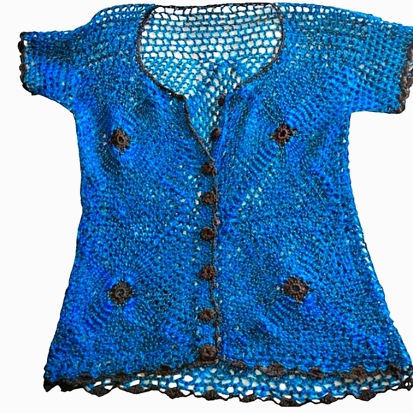 Electric Blue, Vintage Avant Garde Crochet Cardigan. Cottagecore - Picture 4 of 11